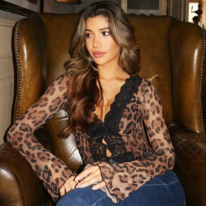 Damen Transparente Spitzenbluse mit Leopardenmuster Drune
