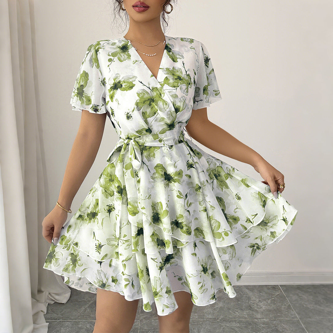 Damen Wickelkleid mit floralem Muster und schwingendem Rock Drune