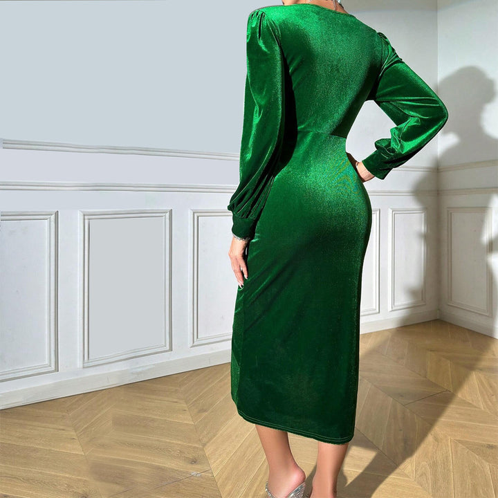 Damen Maxikleid mit tiefem V-Ausschnitt und elegantem Drapierungsdetail Drune