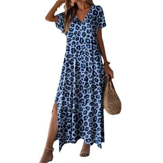Damen Maxikleid mit modernem Leopardenmuster und seitlichen Schlitzen Drune