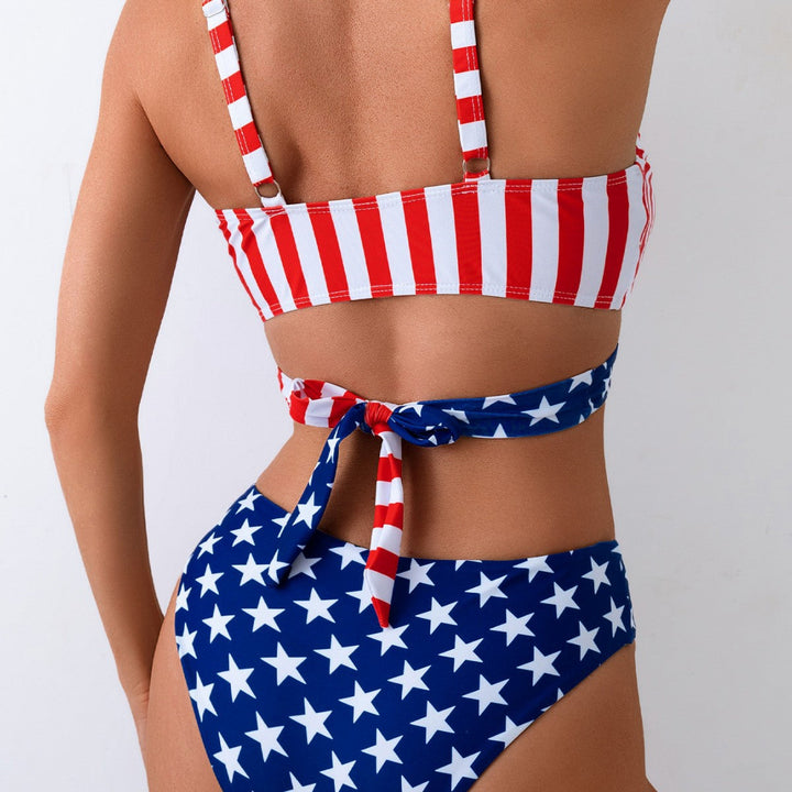 Damen Triangel-Bikini-Set mit asymmetrischem Schnitt und buntem Sternen-Design Drune