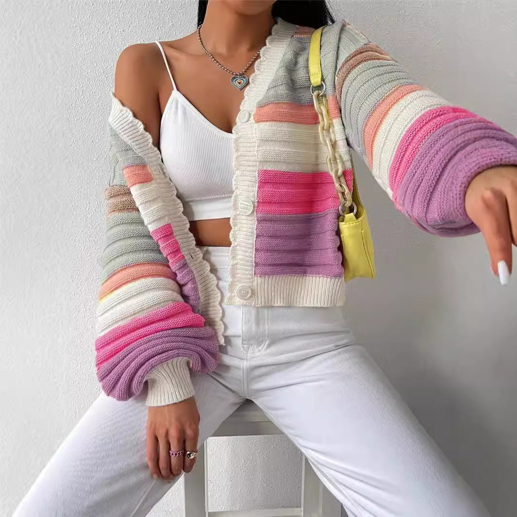 Damen Strickjacke mit modernem Streifenmuster und voluminösen Ärmeln Drune