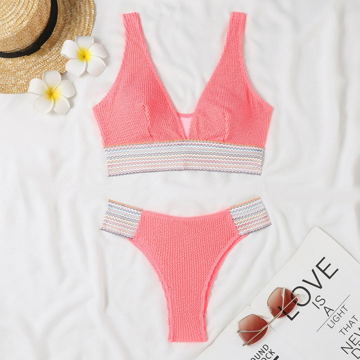 Damen Wellenmuster Bikini-Set mit tiefem V-Ausschnitt Drune