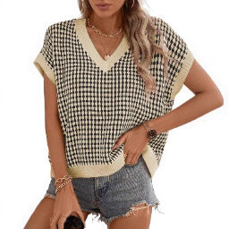 Damen Viskose Stricktop mit modernem Karomuster und V-Ausschnitt Drune
