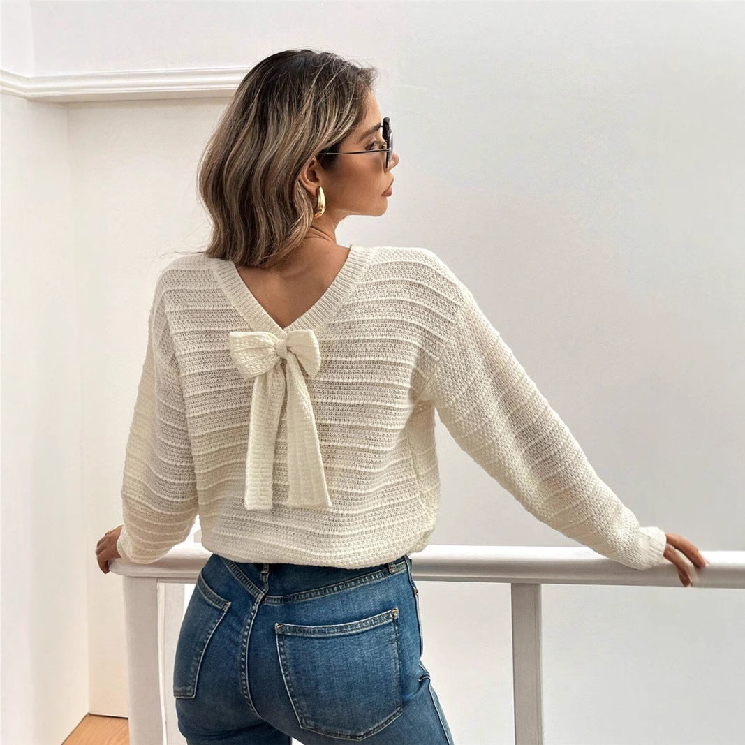 Damen Strickpullover mit V-Ausschnitt und dekorativem Schleifenelement Drune