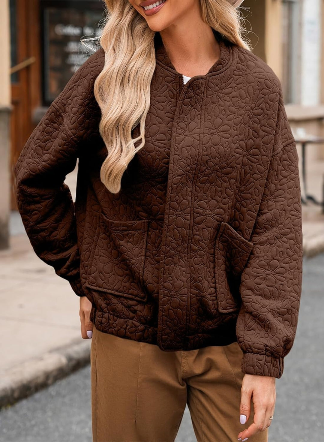 Damen gestepptes Blousonjacke mit floralem Design und praktischen Taschen Drune