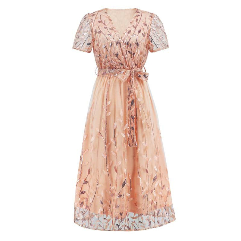 Damen Maxikleid mit floralen Stickereien und elegantem V-Ausschnitt Drune