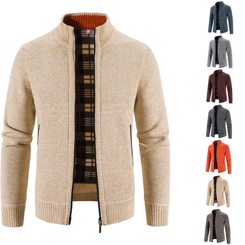 Herren nan Strickjacke mit durchgehendem Reißverschluss, Stehkragen und kariertem Futter Drune