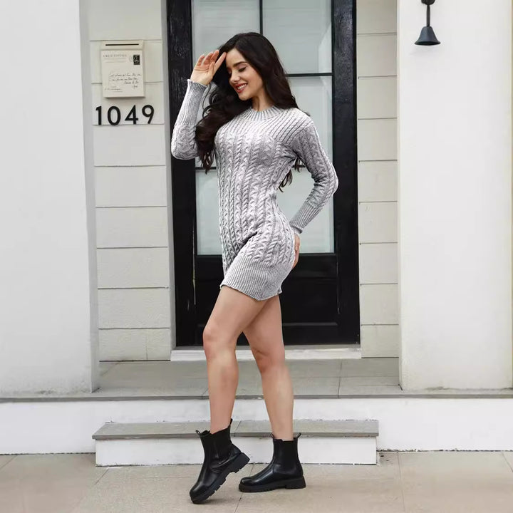 Damen Strickkleid mit elegantem Zopfdesign und gemütlichem Rundhalsausschnitt Drune