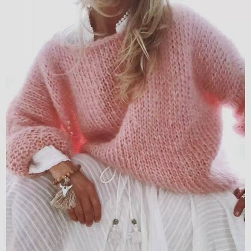 Damen lässiger Grobstrickpullover mit offenen Maschen und überschnittenen Schultern Drune