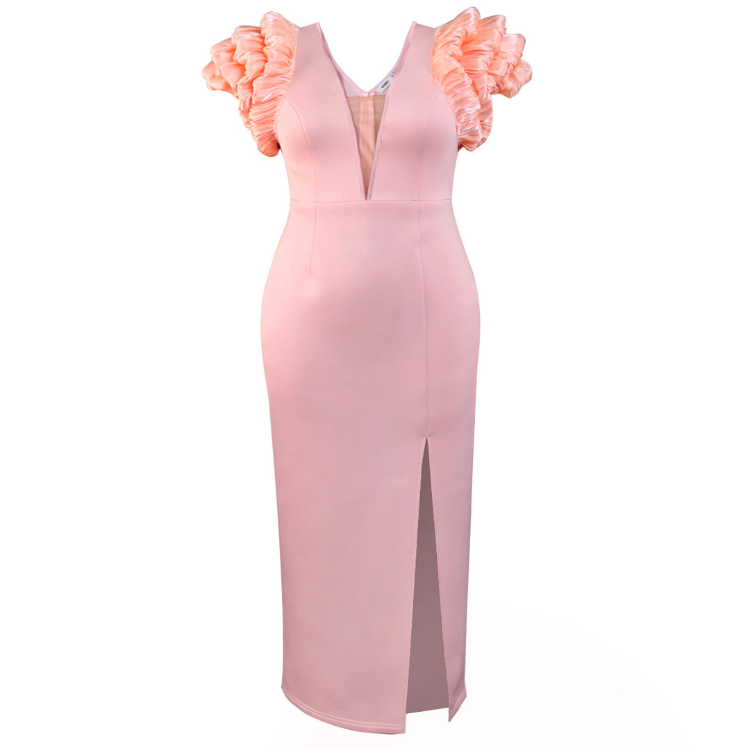 Damen Elegantes Maxikleid mit voluminösen Rüschenschultern und sexy Schlitz Drune