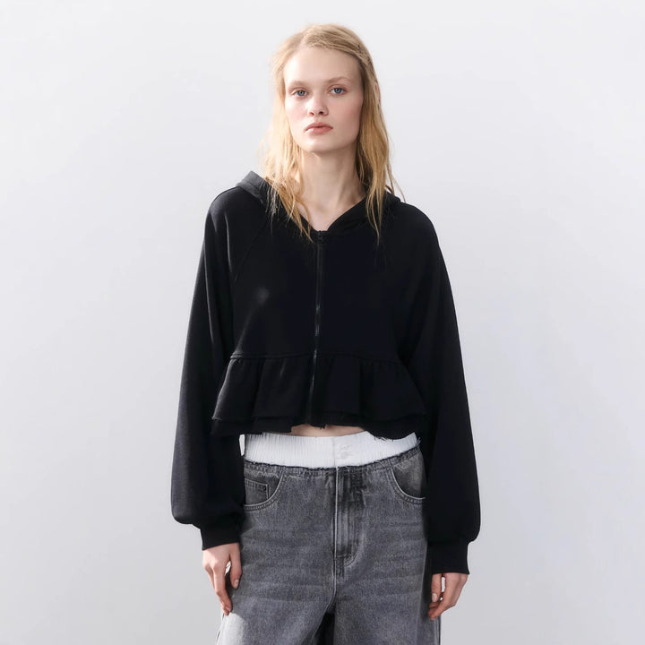 Damen cropped Kapuzenjacke mit verspieltem Rüschendesign Drune