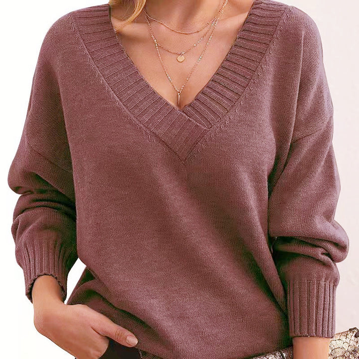 Damen nan Oversized V-Ausschnitt Strickpullover mit gerippten Bündchen Drune