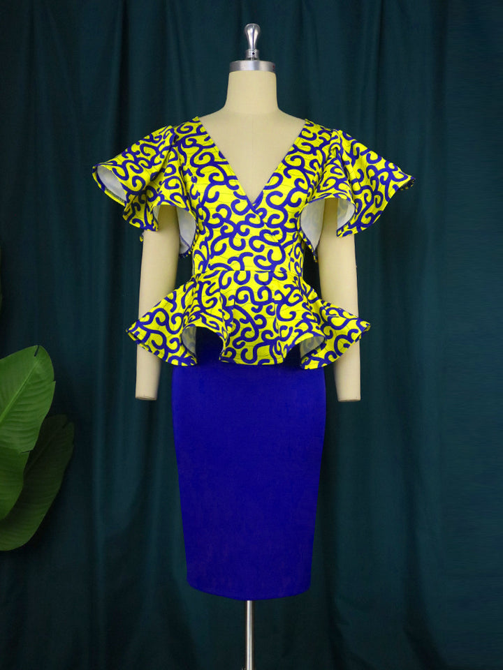 Damen Elegantes Peplum-Oberteil mit schulterfreien Ärmeln und floralem Muster Drune