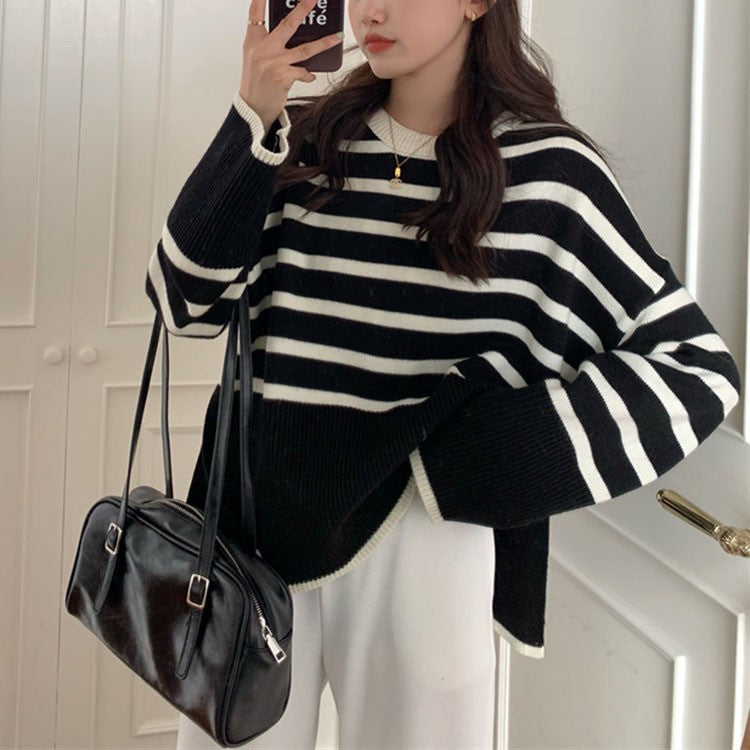 Damen lässiger gestreifter Pullover mit weitem Schnitt Drune