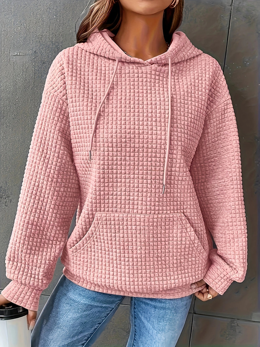 Damen Kapuzenpullover im strukturierten Waffelmuster mit seitlichen Eingrifftaschen Drune