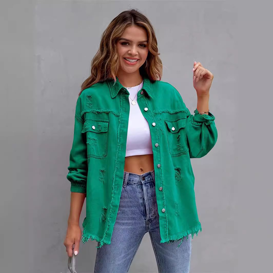 Damen oversized Jeansjacke mit fransigen Säumen und aufgesetzten Taschen Drune