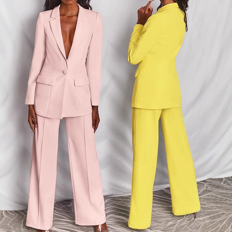 Damen nan taillierter Ein-Knopf-Blazer mit Pattentaschen und weiter Palazzo-Hose Hosenanzug Drune