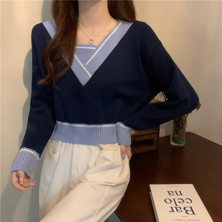 Damen modischer V-Ausschnitt Pullover mit Kontrastdetails Drune