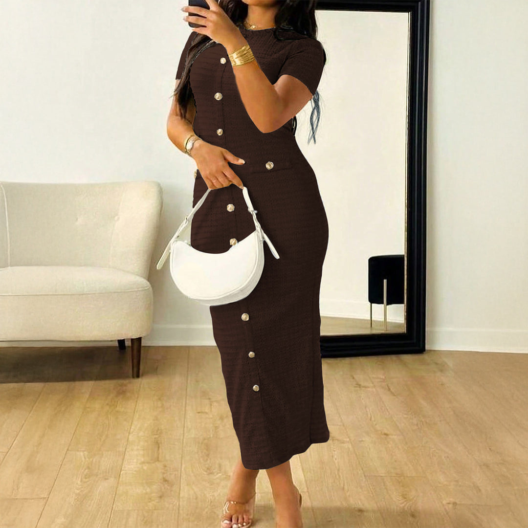 Damen Elegantes figurbetontes Maxikleid mit Knopfleiste und Taschen Drune