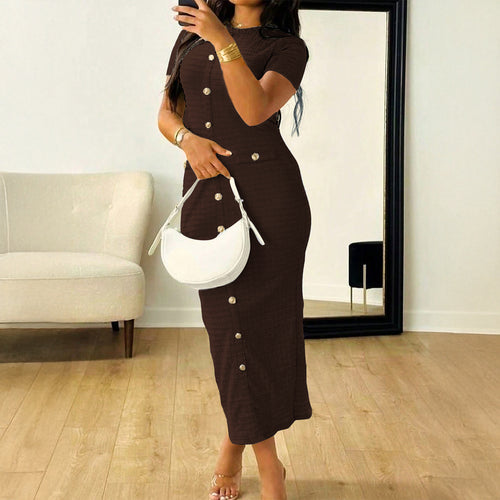 Damen Elegantes figurbetontes Maxikleid mit Knopfleiste und Taschen Drune
