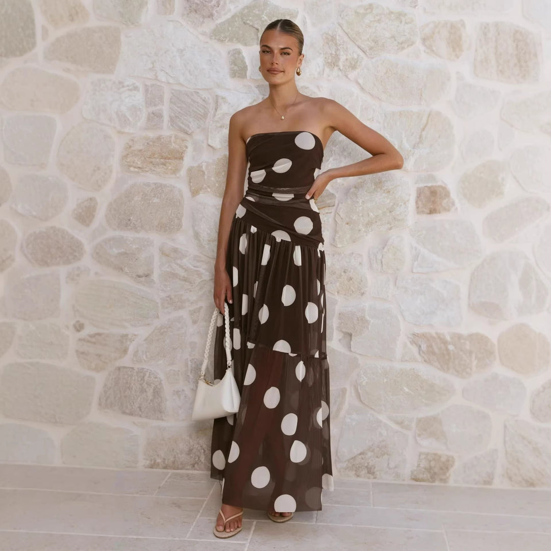 Damen Maxikleid mit schulterfreiem Schnitt und verspieltem Punktenmuster Drune