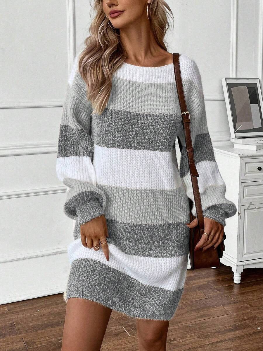 Damen Gemütlicher Strickkleid mit modischem Streifenmuster Drune