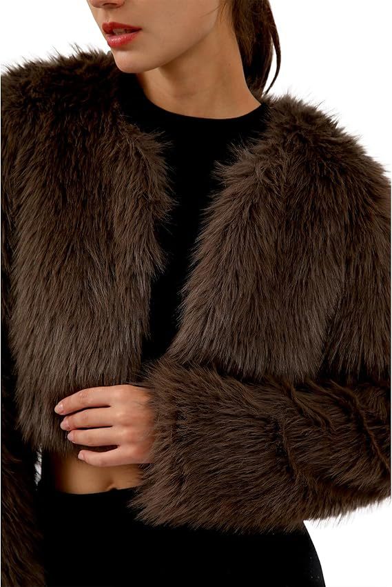 Damen Kurze glamouröse Kunstfelljacke mit lockeren Ärmeln Drune