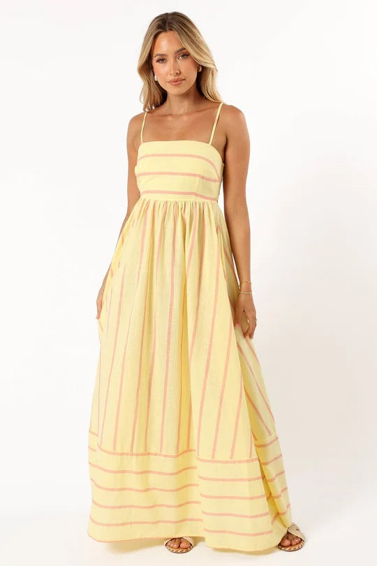 Damen Maxi-Kleid mit schmalen Spaghettiträgern und eleganten Querstreifen Drune