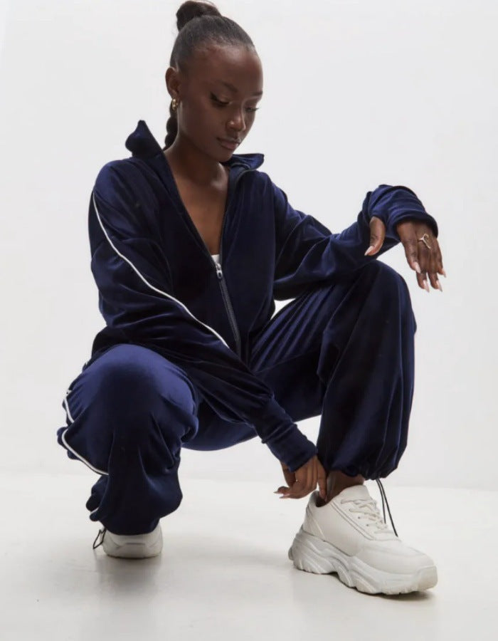 Damen modisches und vielseitiges Velours-Sportoutfit mit Reißverschluss Drune