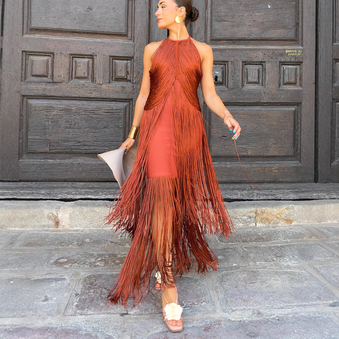 Damen Fransen Maxikleid mit elegantem Schnitt und fließendem Design Drune