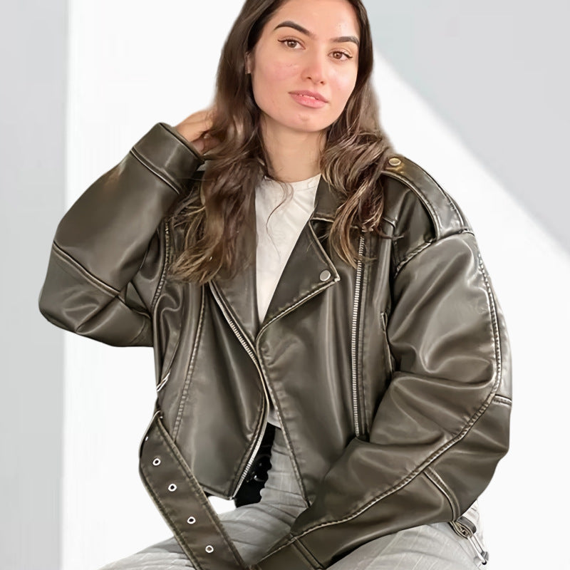 Damen Kunstleder Bikerjacke mit weitem Schnitt und umfangreichen Details Drune