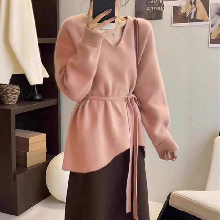 Damen Strickjacke mit elegantem V-Ausschnitt und Taillengürtel Drune