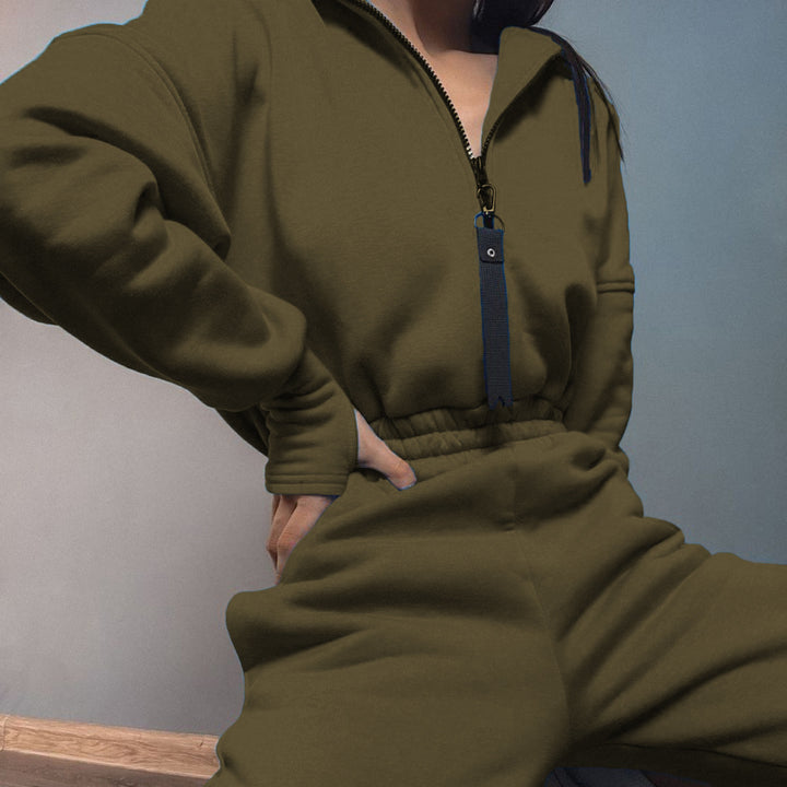 Damen nan kurzes Halbzip-Loungewear-Set mit elastischem Taillenbund und oversized Schnitt Drune