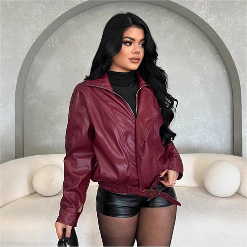 Damen Kunstlederjacke mit figurbetontem Schnitt und dekorativem Gürtel Drune