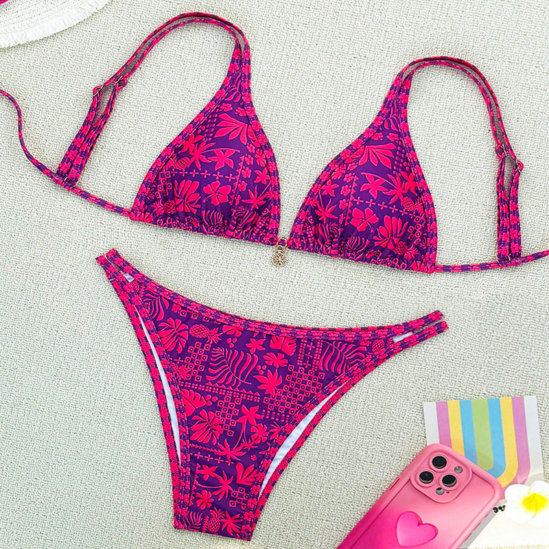 Damen Triangel-Bikini mit floralem Design und modischen Akzenten Drune