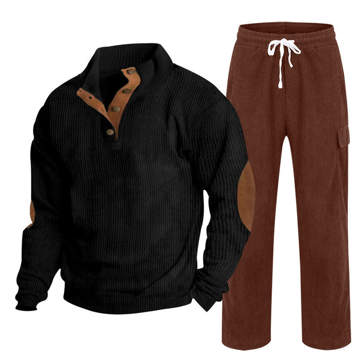 Herren nan strukturiertes Feinstrick-Halbknopf-Pullover und Feincord-Cargo-Zweiteiler Drune