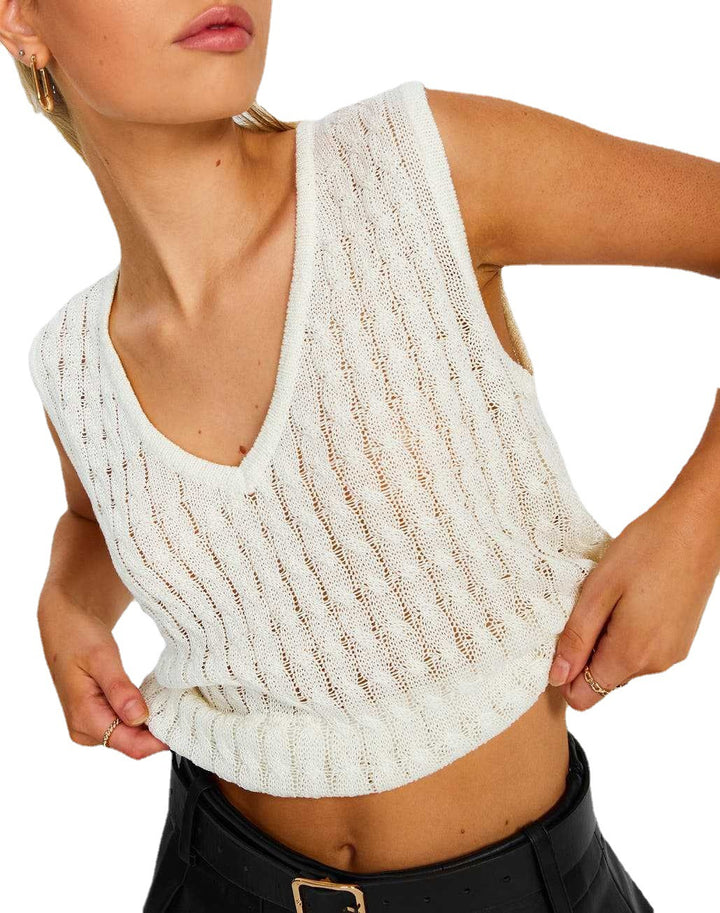 Damen luftiges Strick-Oberteil mit V-Ausschnitt und feinmaschigem Design Drune