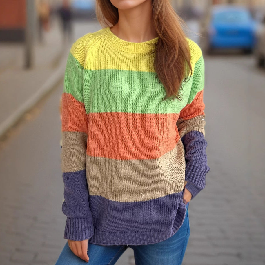 Damen gestreifter Strickpullover mit lässigem Schnitt und buntem Design Drune