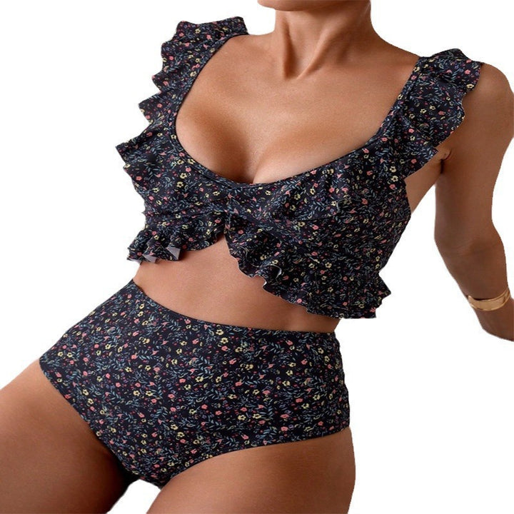 Damen Hochgeschnittener Bikini mit floralem Rüschendesign Drune