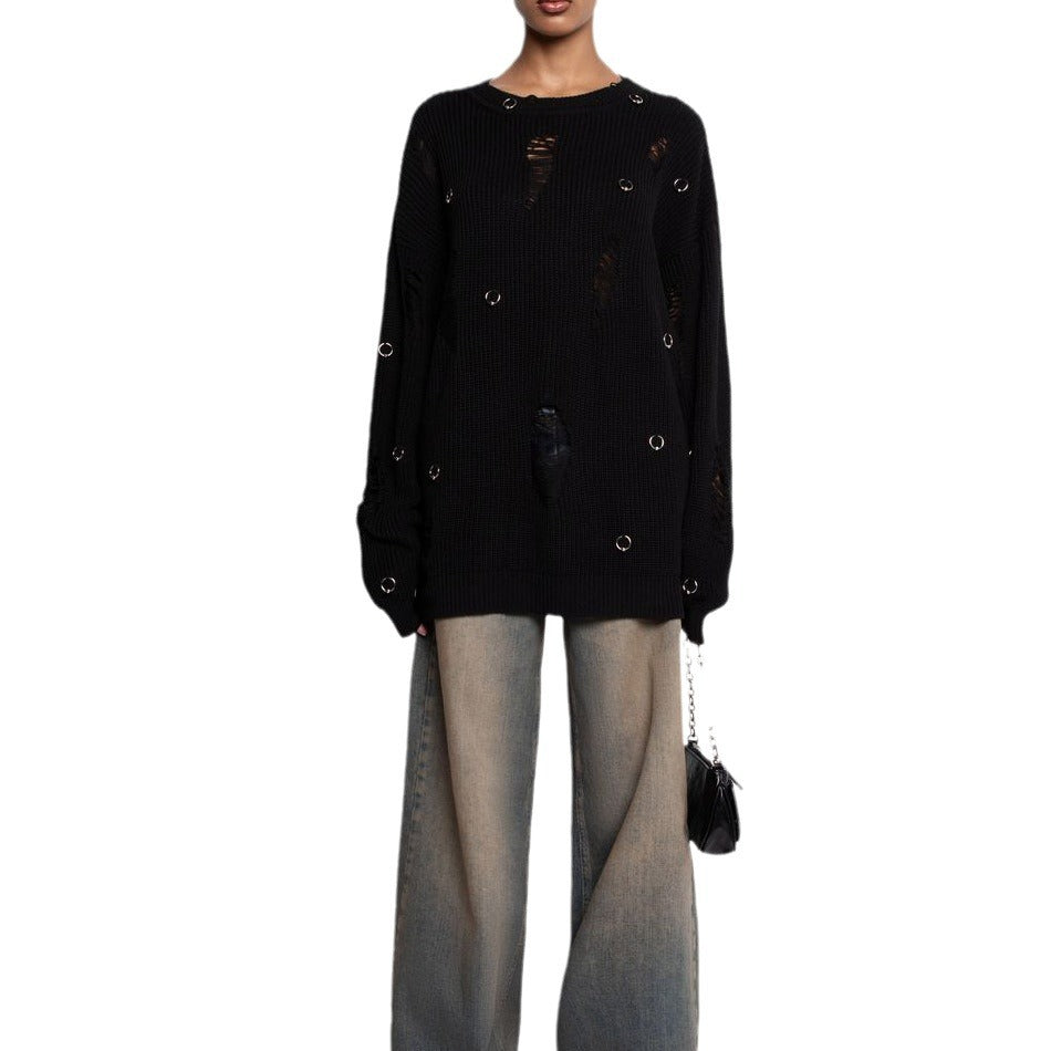 Damen lässiger Pullover mit modischen Rissdetails und Schmuck-Applikationen Drune