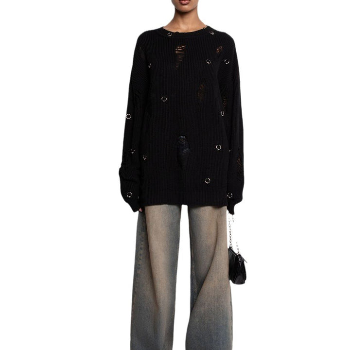 Damen lässiger Pullover mit modischen Rissdetails und Schmuck-Applikationen Drune