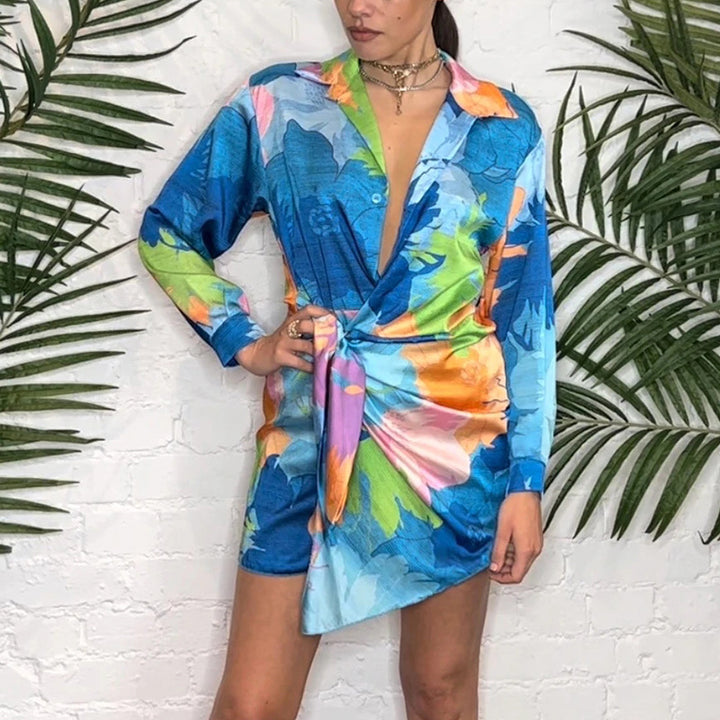Damen Hemdblusenkleid im innovativen Wickeldesign mit buntem Floral-Muster Drune