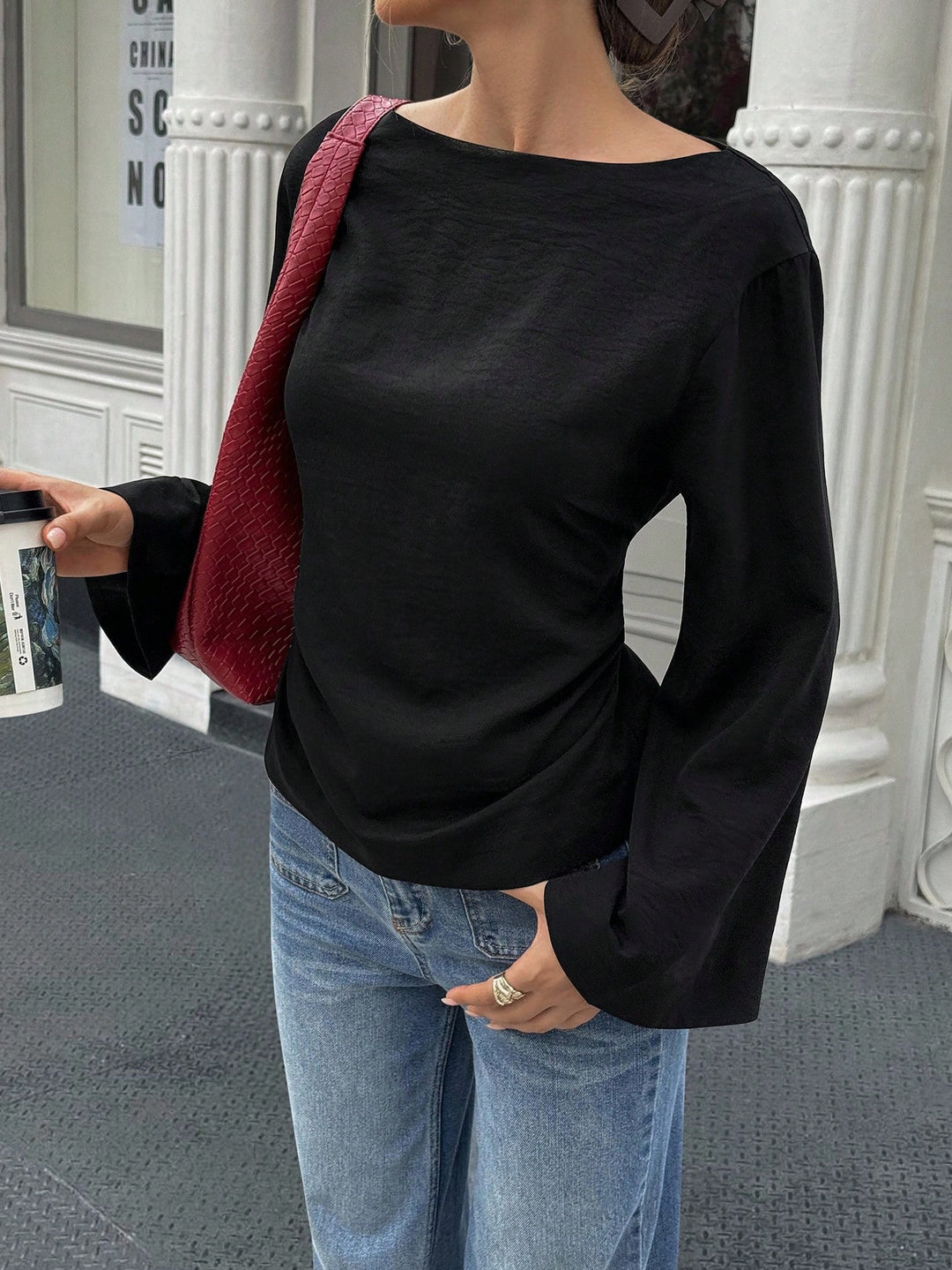 Damen elegantes Oberteil mit weitem Ärmel und schickem Bund Drune