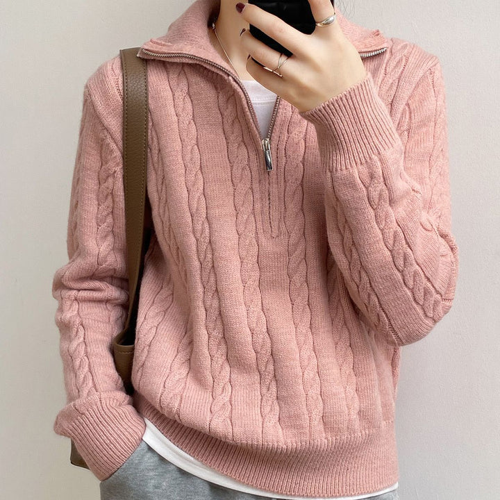 Damen Strickpullover mit Zopfdesign und modernem Stehkragen Drune
