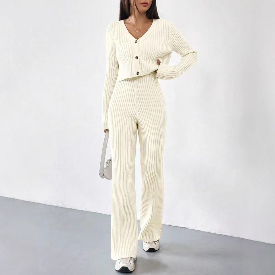 Damen Strick Set mit V-Ausschnitt und weitem Bein Drune