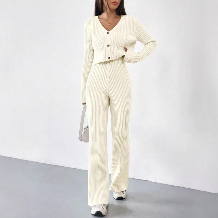 Damen Strick Set mit V-Ausschnitt und weitem Bein Drune