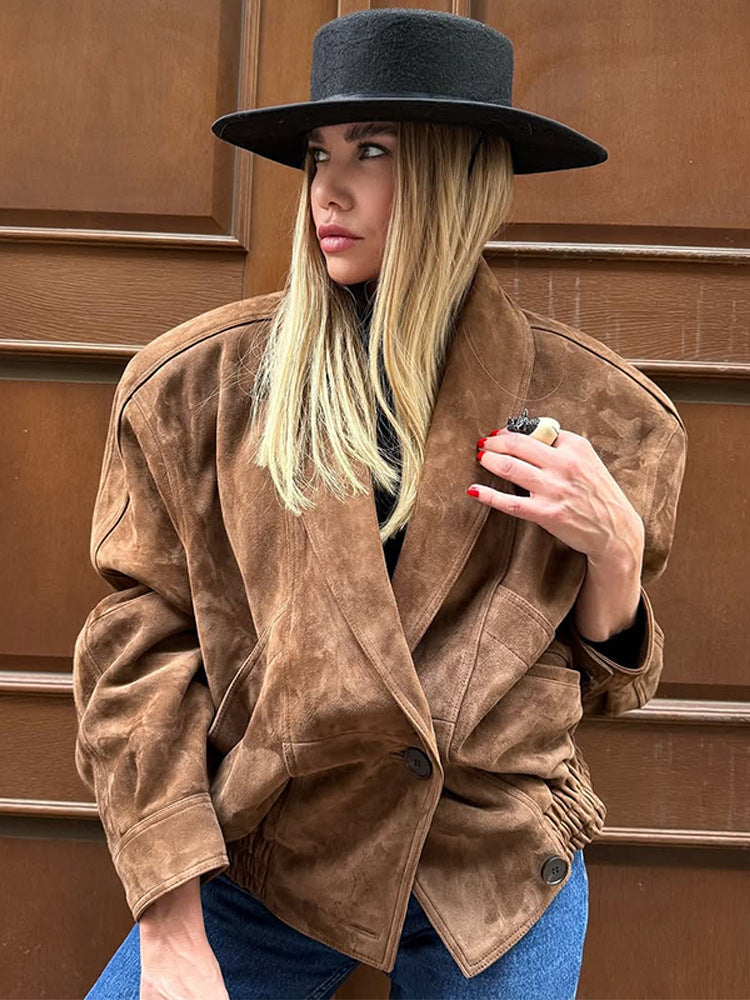Damen Oversize Wildlederjacke mit modernem Schnitt und praktischen Taschen Drune