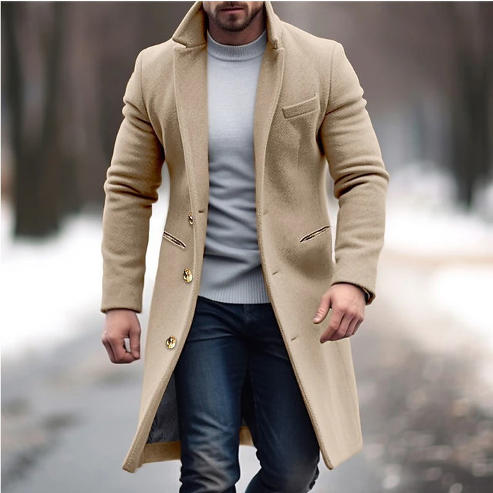 Herren eleganter Wollmantel mit schmalem Schnitt und goldenen Knöpfen Drune
