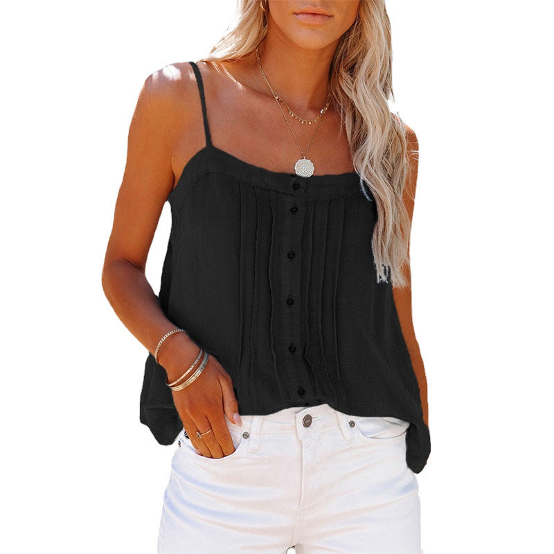 Damen luftiges Spaghettiträger-Oberteil mit kariertem Design und Knopfdetails Drune